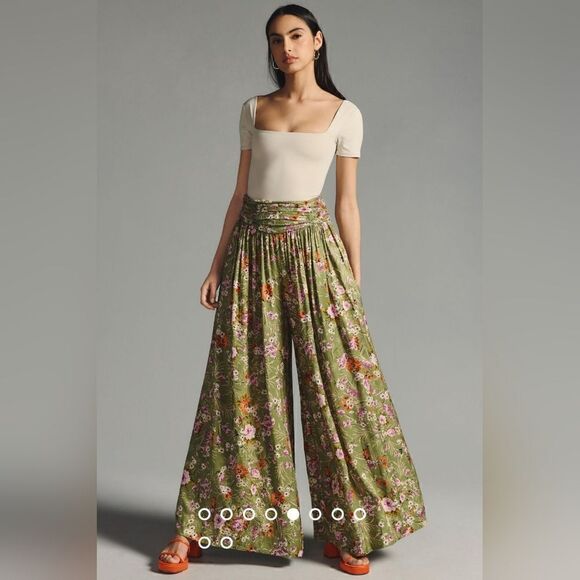 Anthropologie Wide-Leg Floral Pants In Olive Green Size 6 Tall NWT - Picture 5 of 11